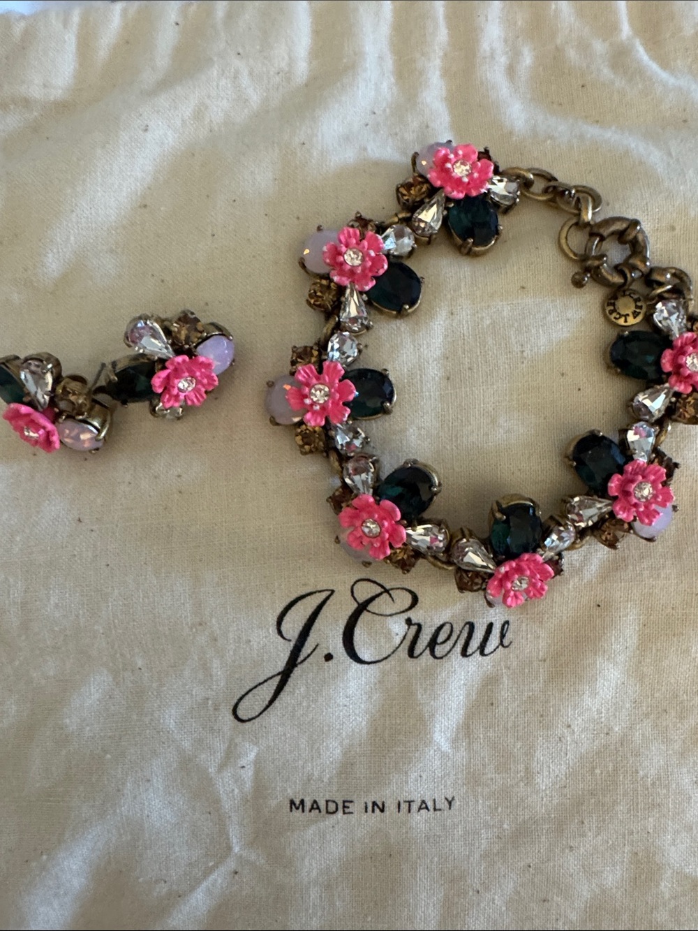 J. Crew Pink Flower Crystal Bracelet with Dark Green Accents